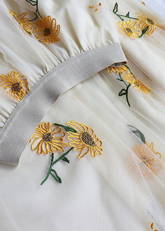 Mode Apricot Embroideried Floral High Waist Tüll Maxirock Frühling