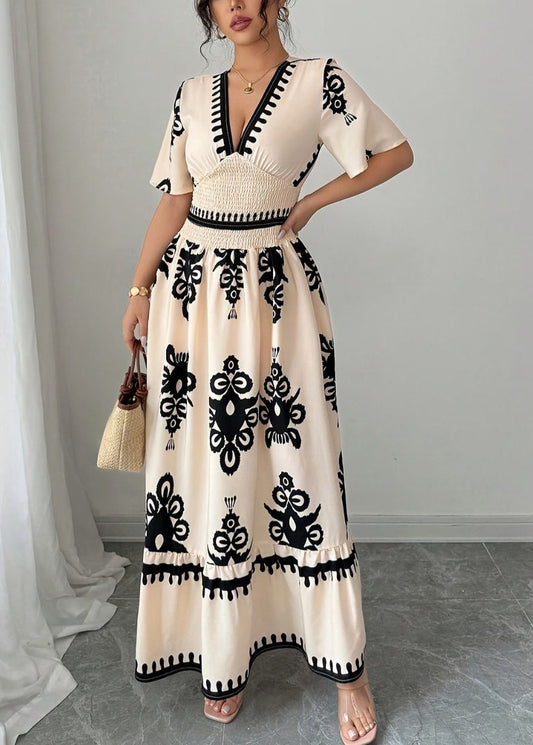 Fashion Apricot V Neck Print Chiffon Party Dress Short Sleeve