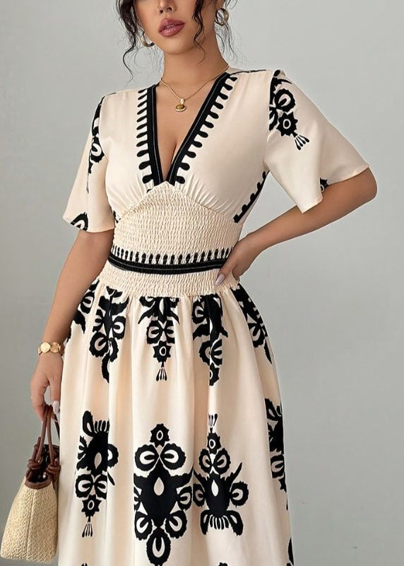 Fashion Apricot V Neck Print Chiffon Party Dress Short Sleeve