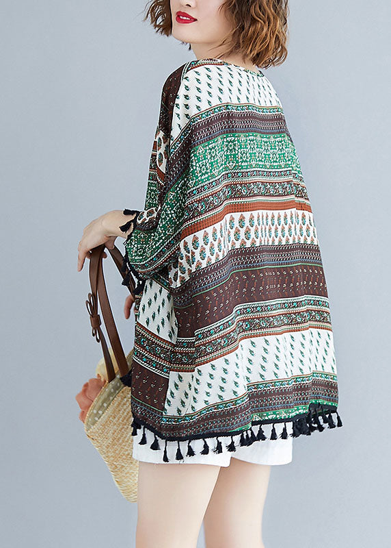 Modisches Patchwork-Bluse-Oberteil mit Fledermausflügelärmeln und Rundhalsausschnitt und Quasten