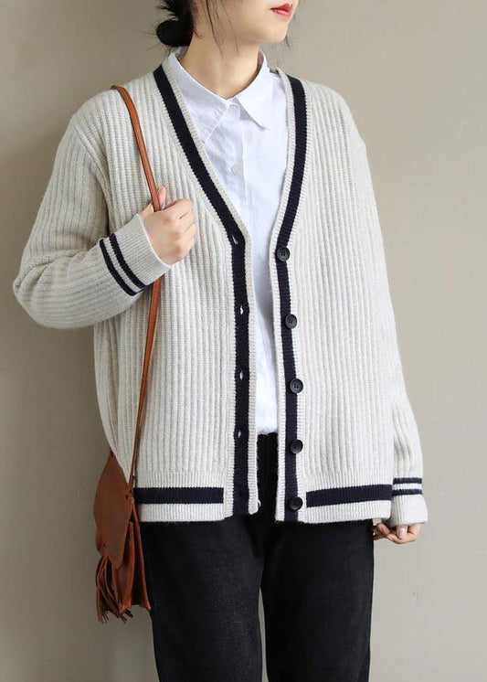 Fashion Beige Sweater Blouse V Neck Button Down Spring Sweaters - SooLinen