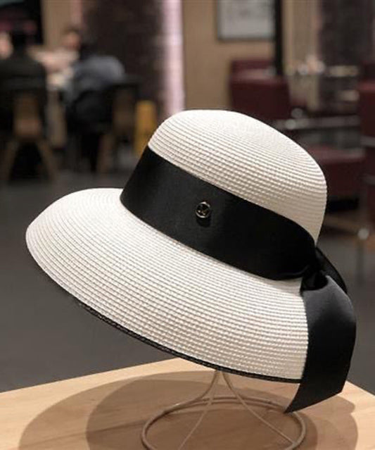 Fashion Black Bow Straw Woven Bucket Hat