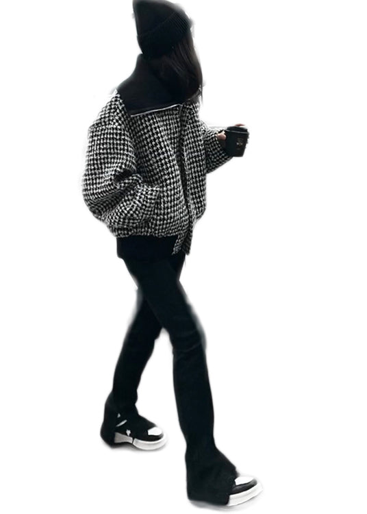 Chaqueta de lana a cuadros con cuello alto y cremallera negra de moda para invierno