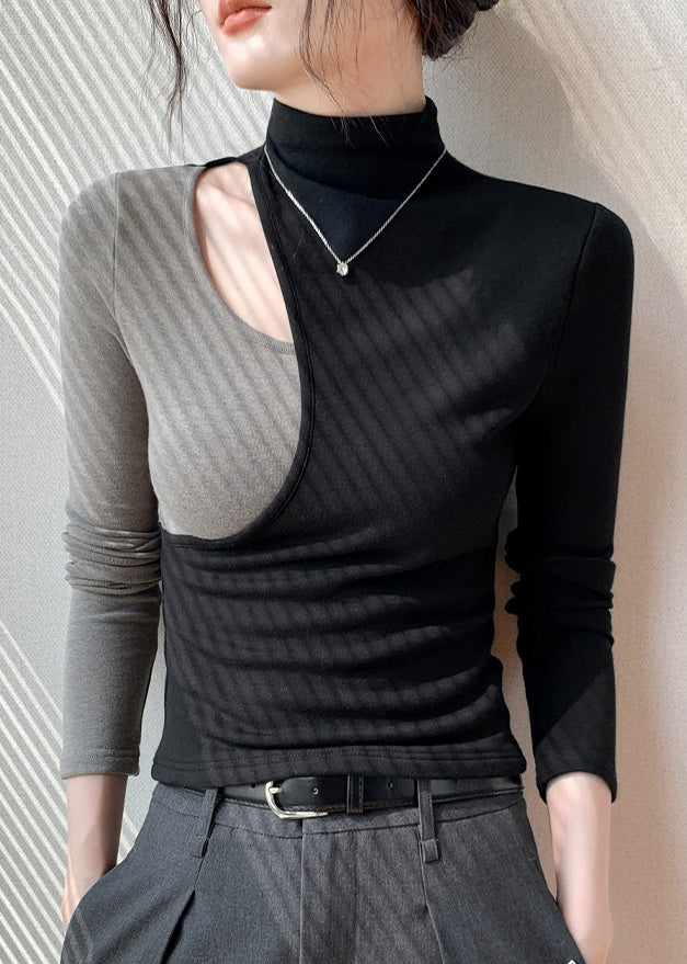 Camiseta de algodón con cuello alto y retazos calados de color negro a la moda para primavera
