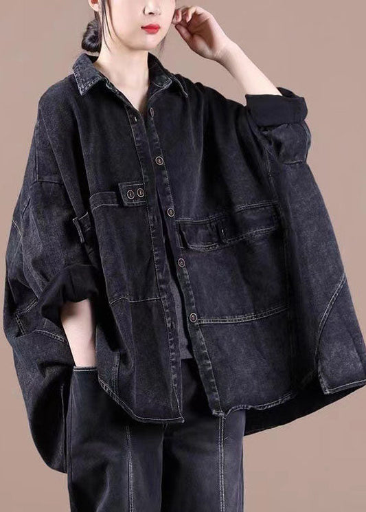 Mode Schwarz Lose Knopf Patchwork asymmetrische design Herbst Denim Langarm Bluse Tops