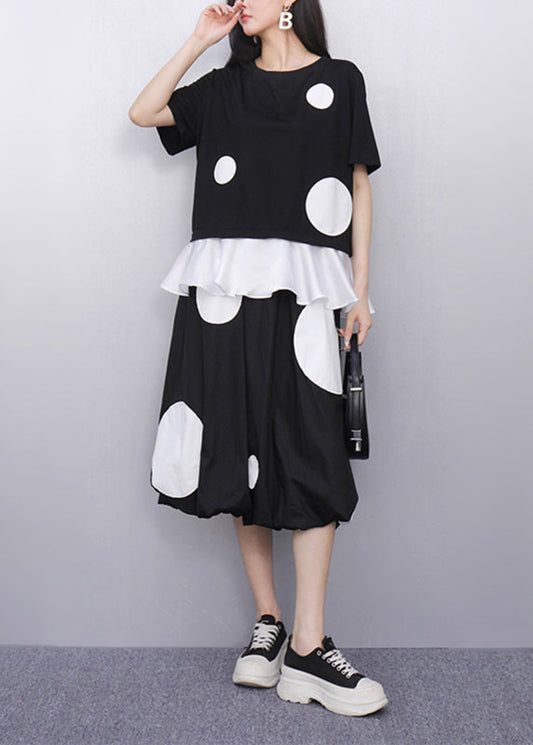 Fashion Black O-Neck Dot Top And Skirts Two Pieces Set Short Sleeve