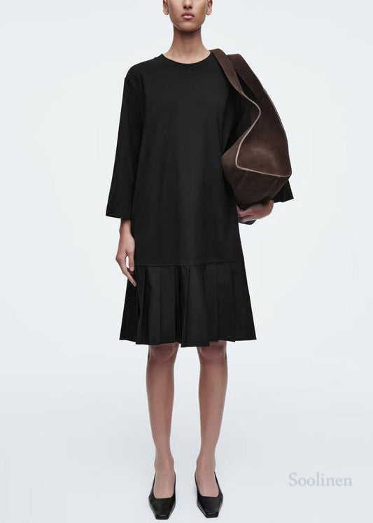 Fashion Black Oversized Patchwork Cotton Pleated Dress Bracelet Sleeve