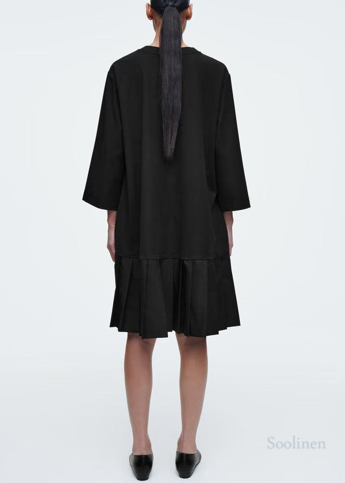 Fashion Black Oversized Patchwork Cotton Pleated Dress Bracelet Sleeve