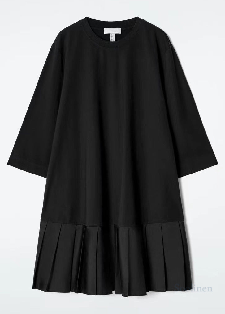 Fashion Black Oversized Patchwork Cotton Pleated Dress Bracelet Sleeve