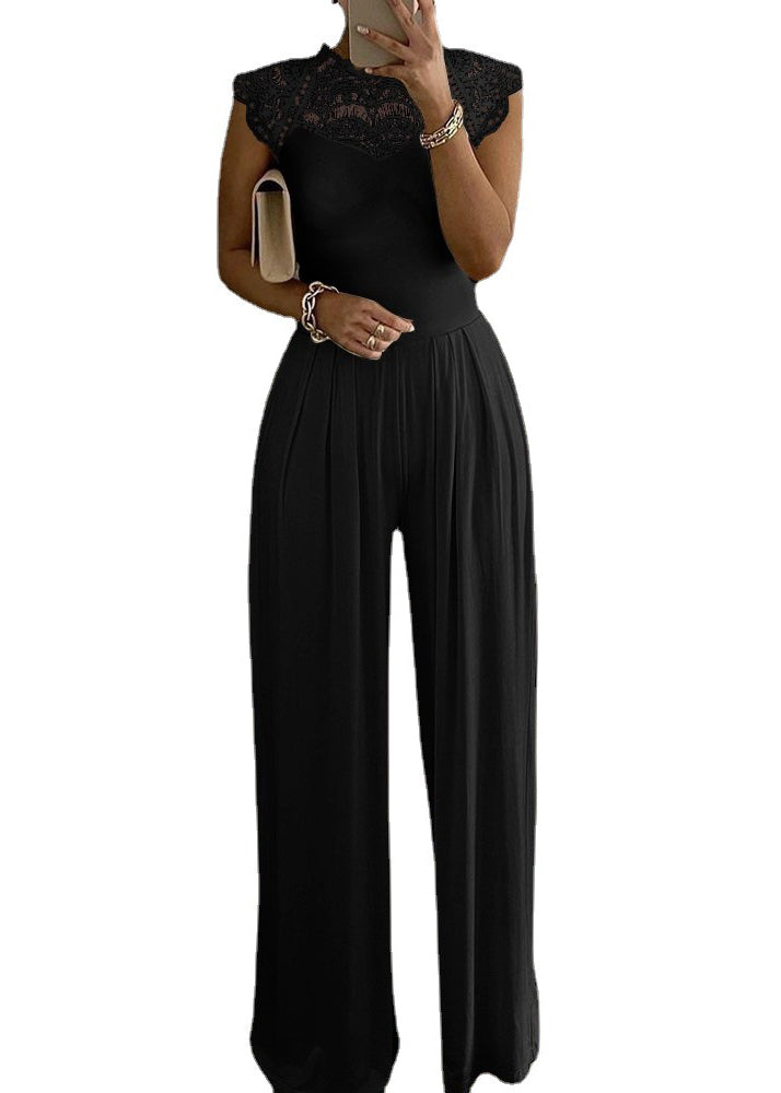 Fashion Black Patchwork Lace Wide Leg Pants Jumpsuits Sleeveless
