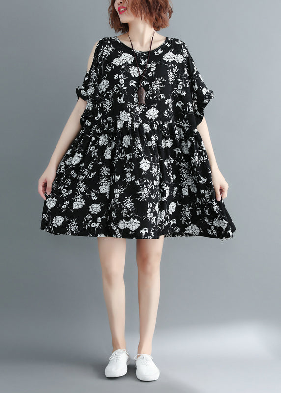 Mode Schwarz Print Cold Shoulder Cinched Urlaub Kleid Kurzarm