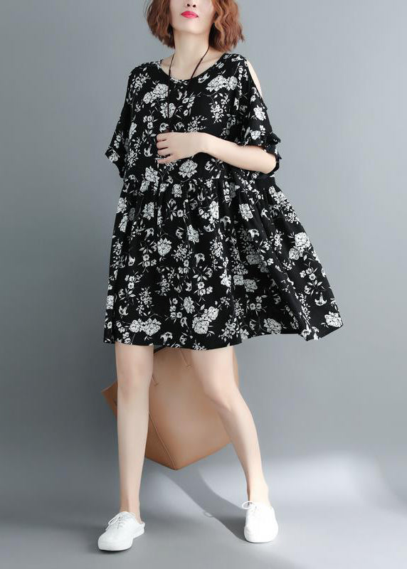Mode Schwarz Print Cold Shoulder Cinched Urlaub Kleid Kurzarm