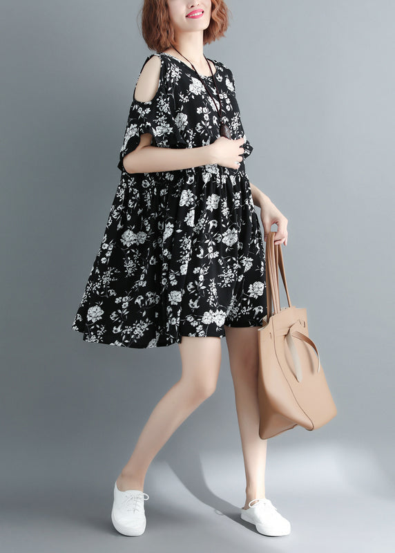 Mode Schwarz Print Cold Shoulder Cinched Urlaub Kleid Kurzarm