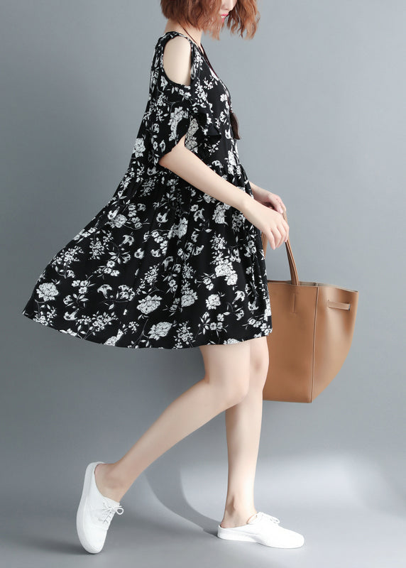 Mode Schwarz Print Cold Shoulder Cinched Urlaub Kleid Kurzarm