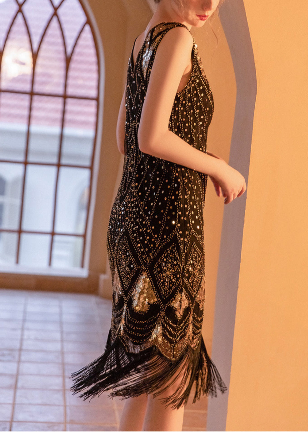 Fashion Black Tasseled Lace Mini Dress Sleeveless