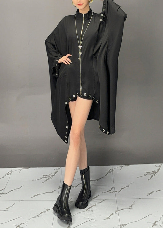 Fashion Black Turtleneck Asymmetrical Patchwork Maxi Coats Batwing Sleeve