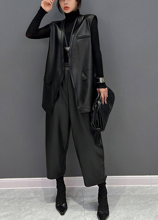 Mode Schwarz V-Ausschnitt Kunstleder Weste Und Gerade Hose Zwei Stücke Set Herbst