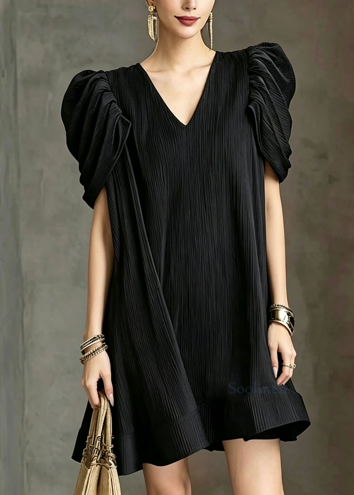 Fashion Black V Neck Ruffled Patchwork Puff Sleeve Cotton Mid Dress