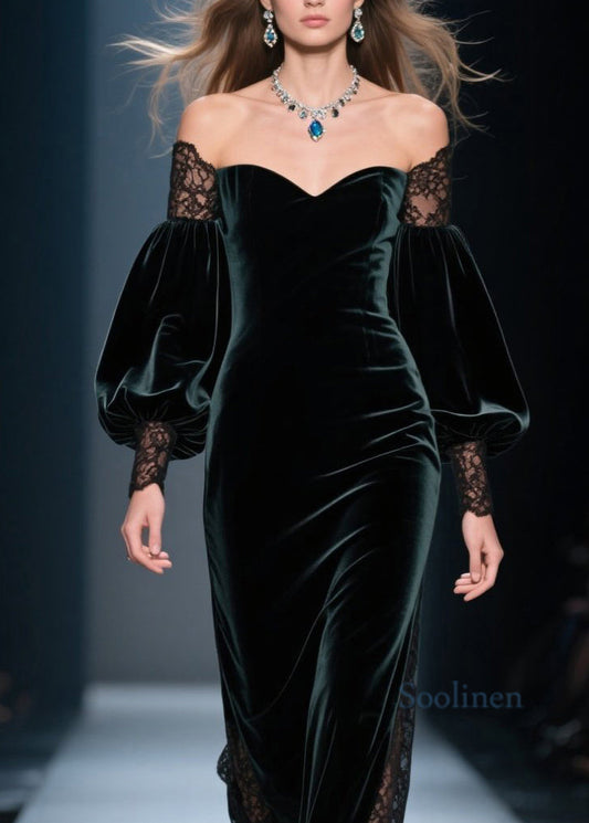 Vestidos de terciopelo con retazos de encaje y hombros descubiertos de color verde negruzco de moda para primavera