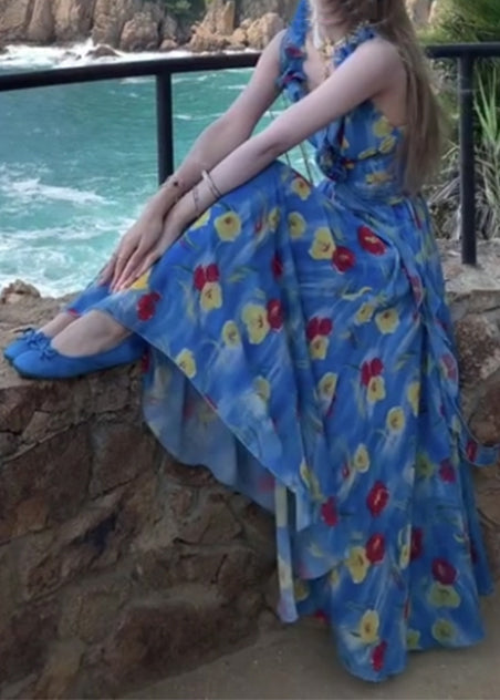 Fashion Blue Backless Print Chiffon Ankle Dress Summer