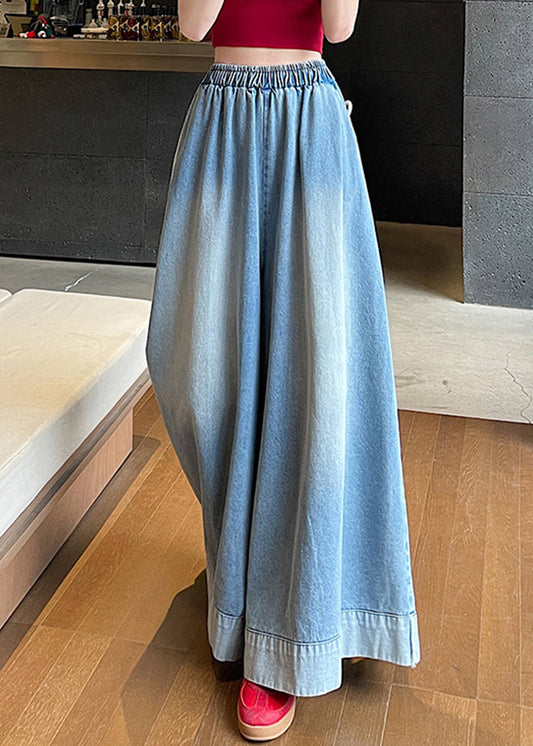 Fashion Blue Elastic Waist Pockets Wide Leg Jeans