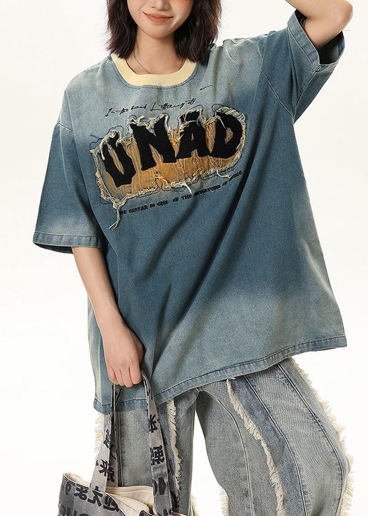 Camisetas sin mangas de mezclilla con patchwork bordado azul de moda de media manga