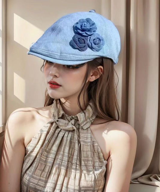 Fashion Blue Floral Versatile Denim Beret Hat