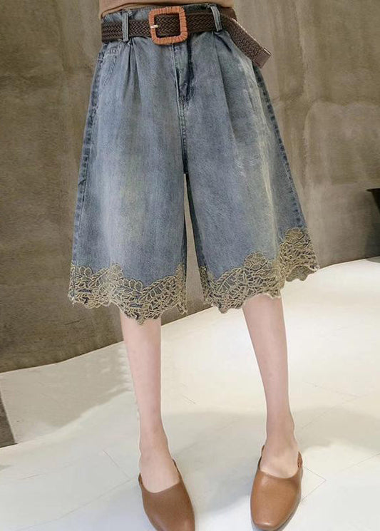 Fashion Blue Lace Patchwork Denim Hot Pants Summer