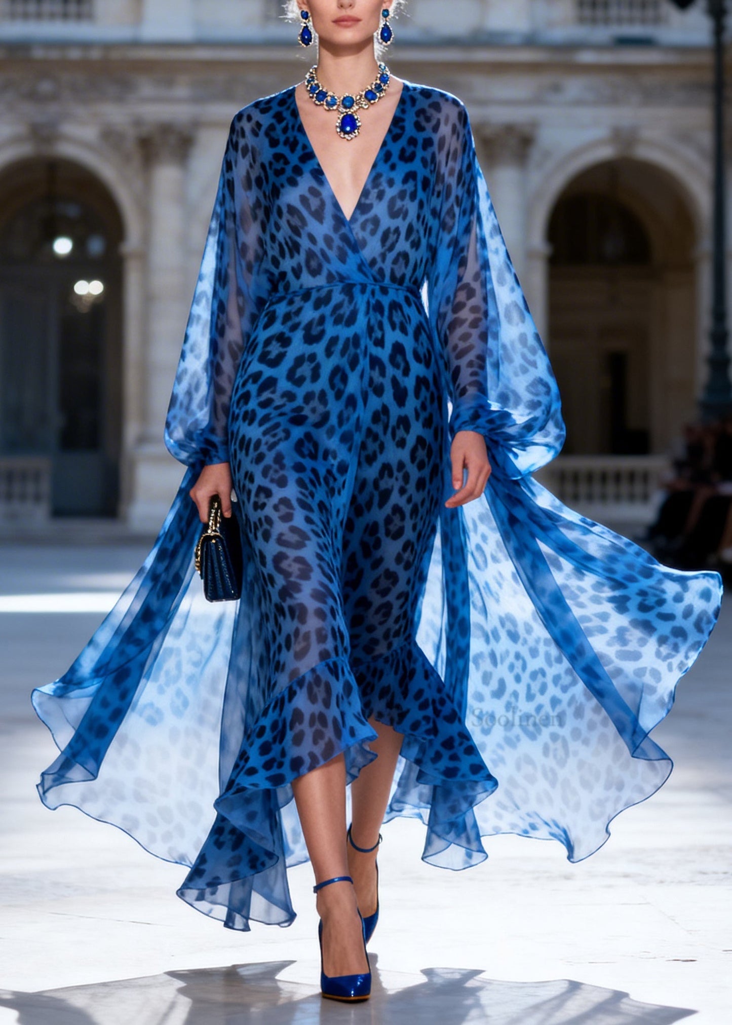 Fashion Blue Leopard V Neck Patchwork Chiffon Long Dress Summer