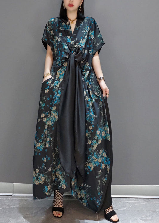 Mode Blau Patchwork Seide Maxi Kleider Kurzarm