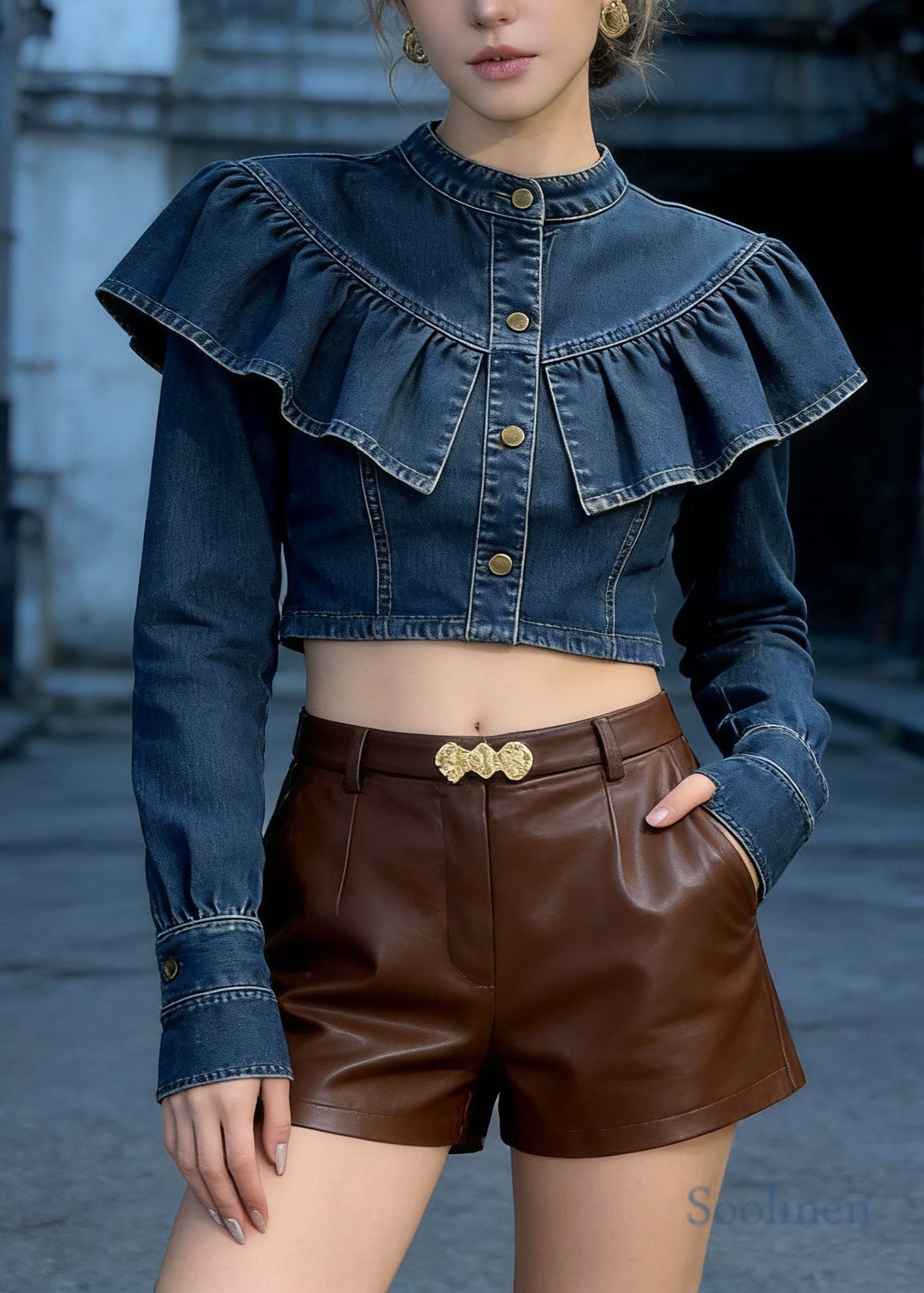 Fashion Blue Ruffled Patchwork Denim Short Top Spring