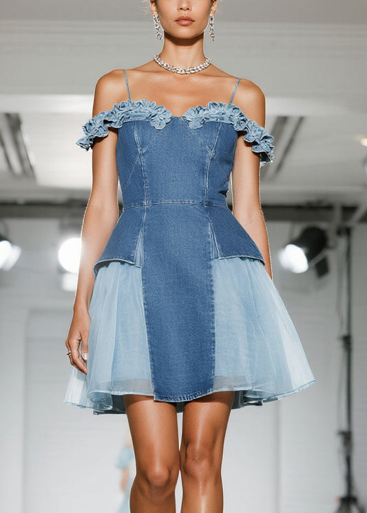 Fashion Blue Ruffled Tulle Patchwork Denim Dress Summer