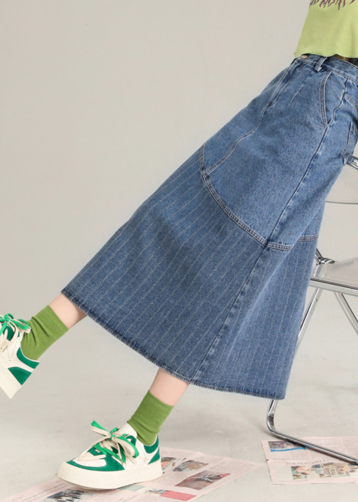 Fashion Blue Striped Patchwork Denim A Line Skirt Spring
