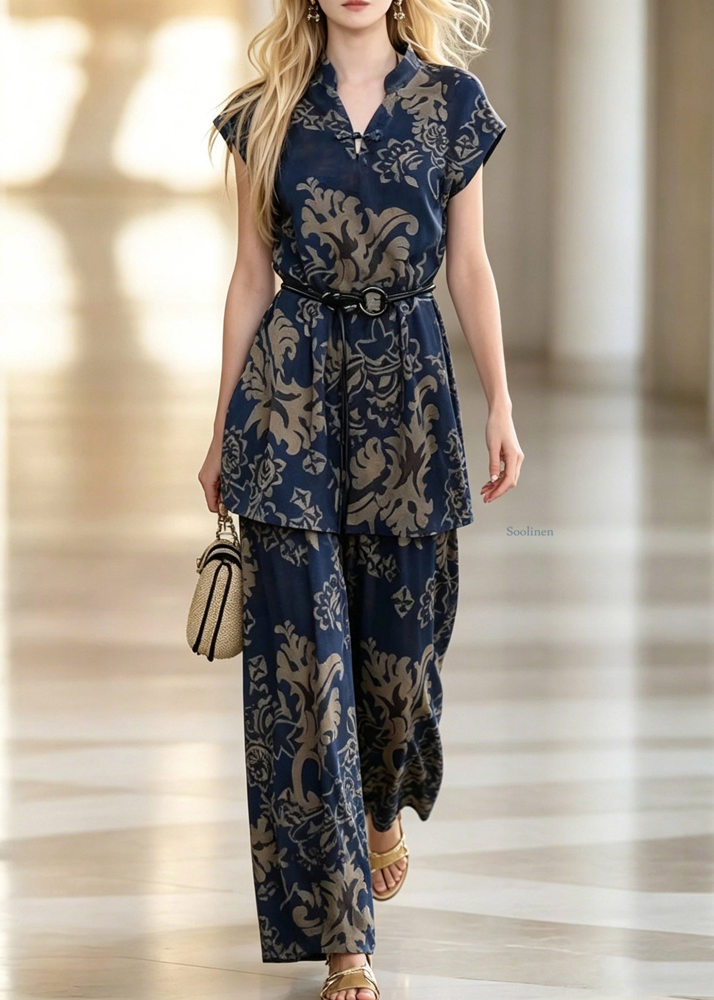 Fashion Blue V Neck Print Shirt And Wide Leg Pants Two Piece Set Summer