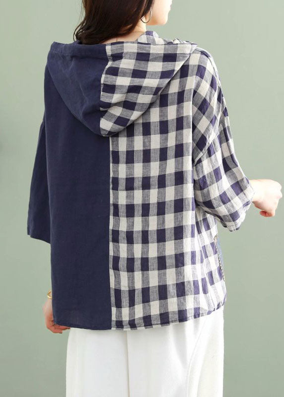 Mode Blau mit kapuze Plaid Patchwork kordelzug Herbst Tops Halbe