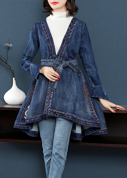 Mode Blau low high design V-ausschnitt Bestickt Baumwolle Denim trenchcoats Langarm