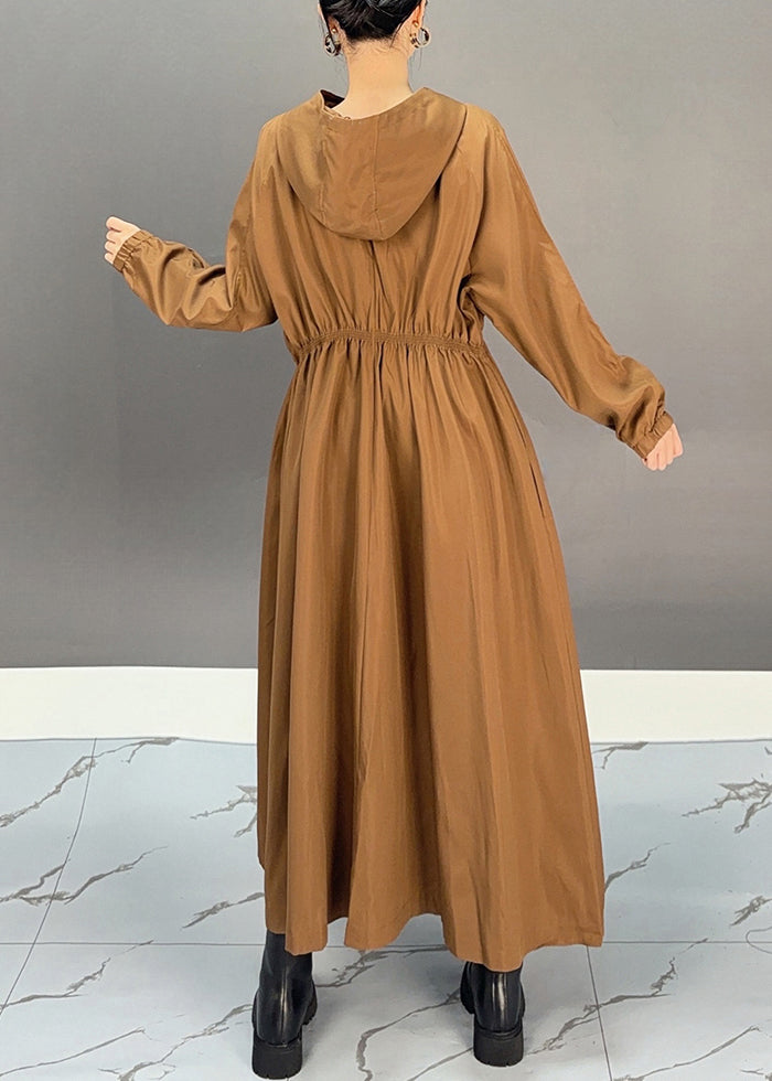 Fashion Choco Wrinkled Zippered Maxi Hooded Trench Coat Fall