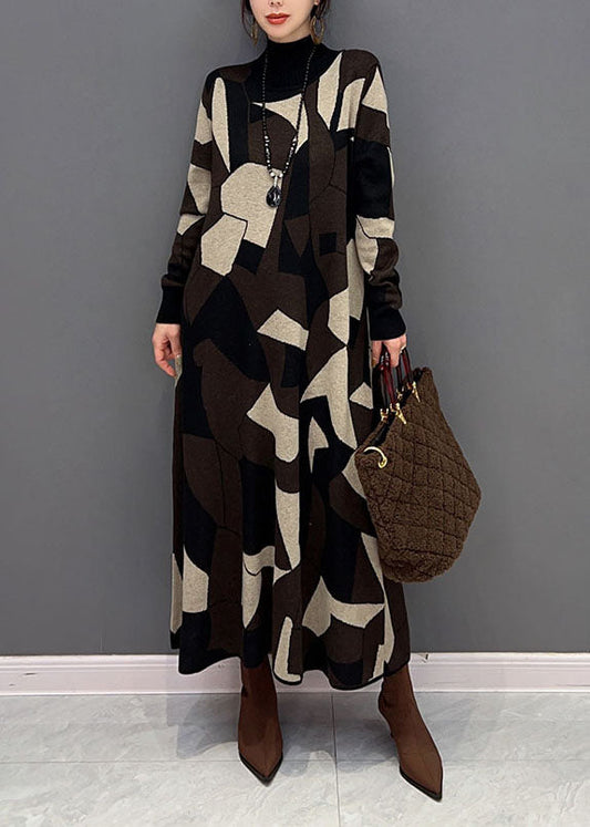 Mode Schokolade Hign Neck Geometric Print Strickpullover Kleid Winter