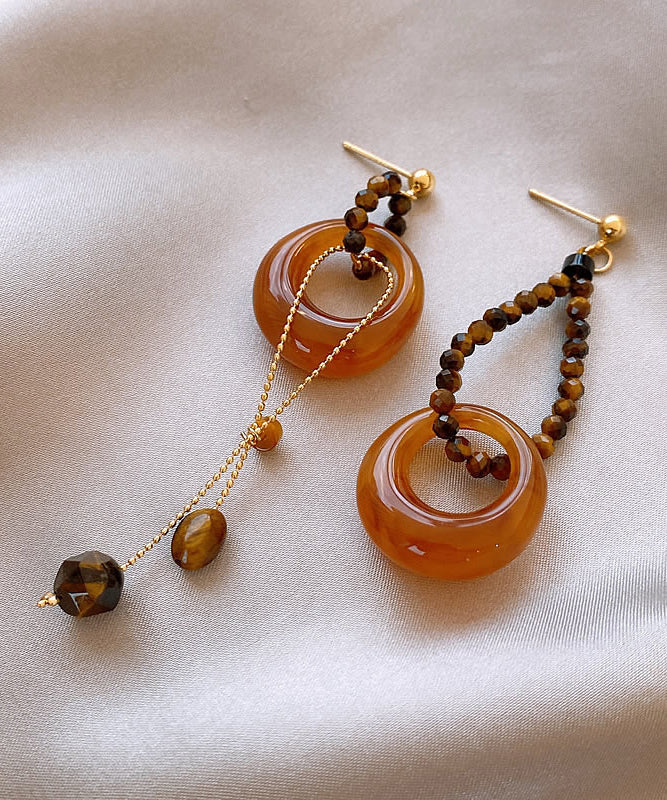 Modische, kaffeefarbene Ohrhänger aus Sterlingsilber mit Goldauflage und asymmetrischem Perlen-Quasten-Design