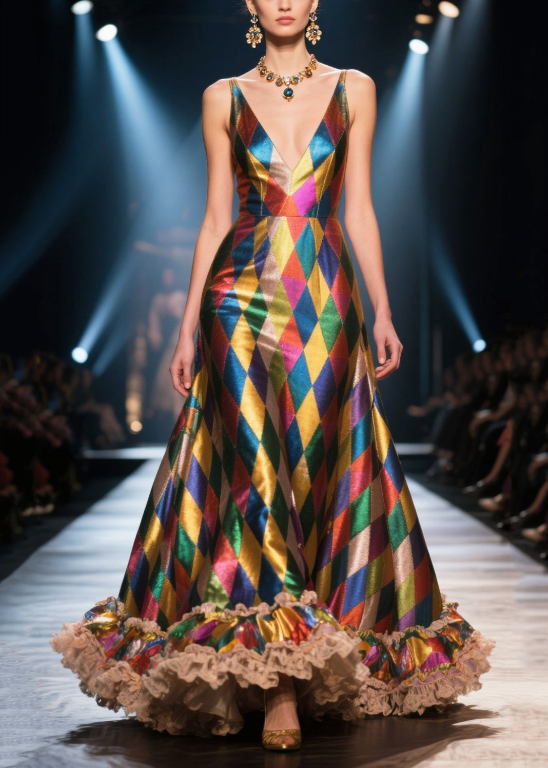 Fashion Colorblock Ruffled Patchwork Plaid Silk Evening Dress Summer