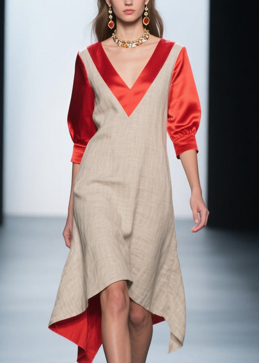 Fashion Colorblock V Neck Patchwork Linen Silk Dresses Summer