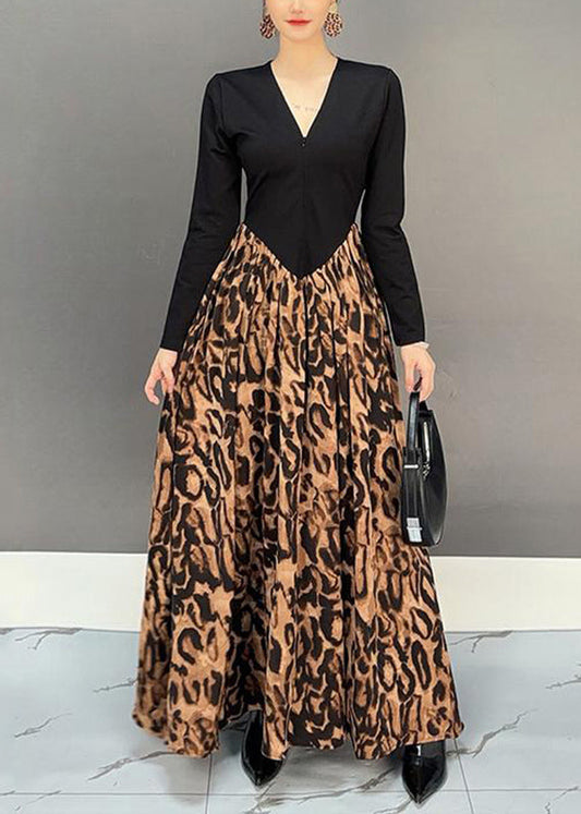 Fashion Colorblock V Neck Print Patchwork Long Dress Fall