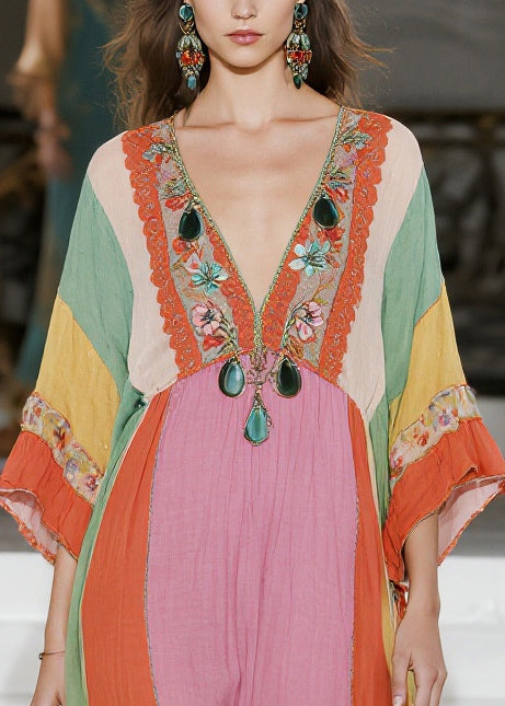 Fashion Colorblock V Neck Striped Cotton Vacation Dresses Summer