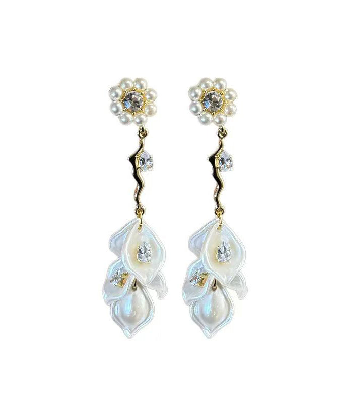 Fashion Gold Alloy Zircon Floral Pearl Tassel Drop Earrings