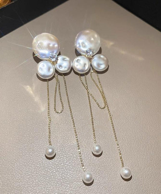 Fashion Gold Alloy Zircon Pearl Floral Tassel Drop Earrings