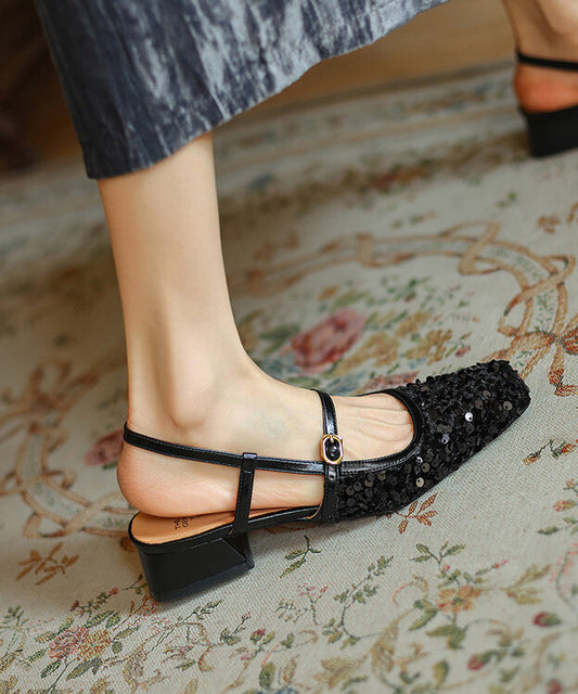 Fashion Gold Square Toe Chunky Heel Buckle Strap Sequins Sandals