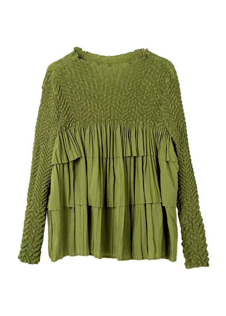 Fashion Green O Neck Wrinkled Patchwork Chiffon Top Long Sleeve