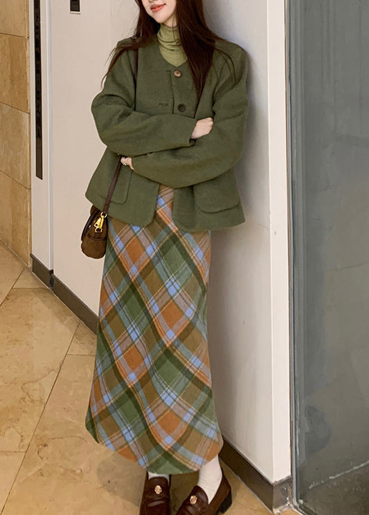 Fashion Green Pockets Woolen Coats ,Top And Long Dress Three Piece Set Long Sleeve