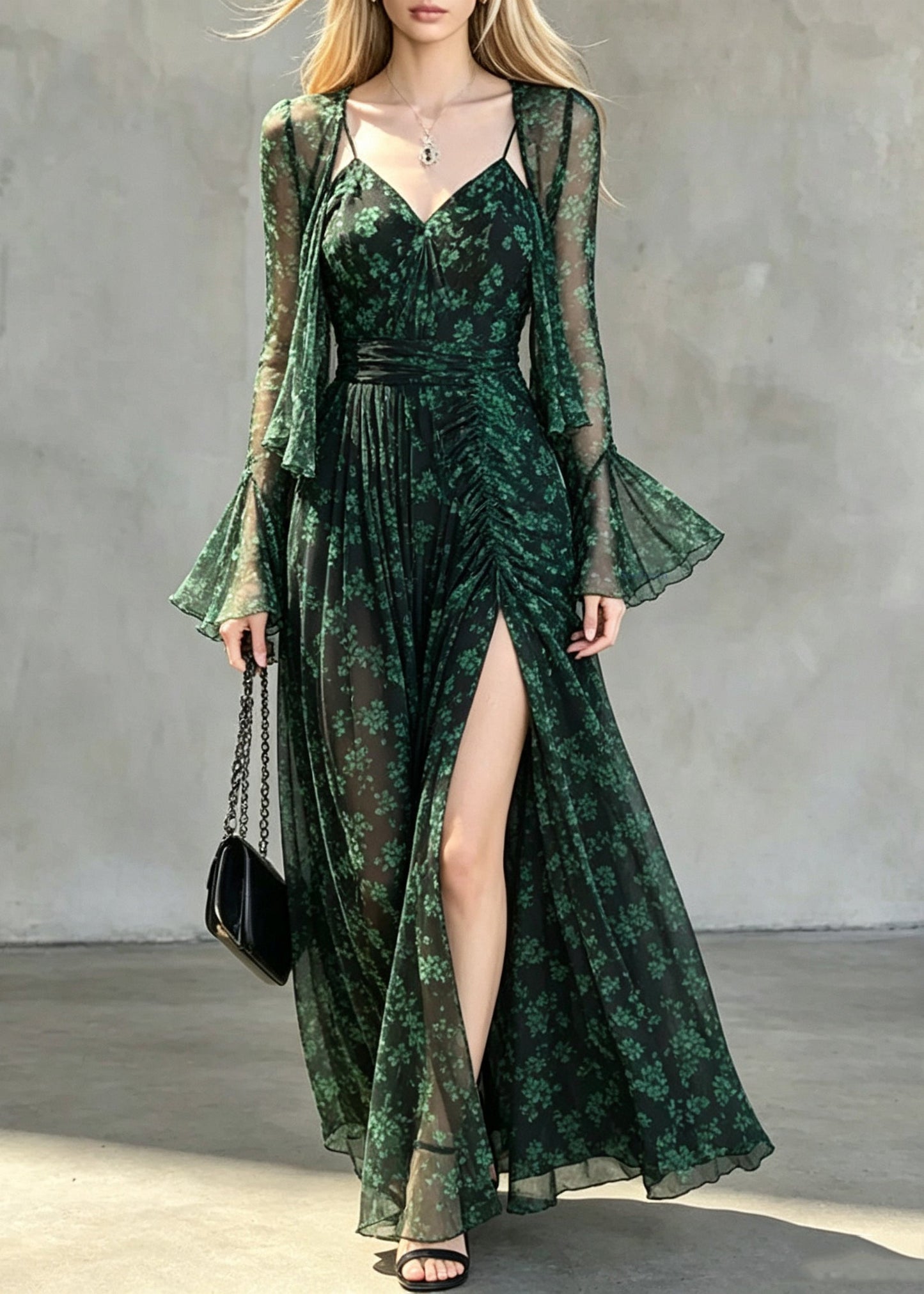 Fashion Green Print Chiffon Cardigans And Long Spaghetti Strap Dress Two Pieces Set Flare Sleeve