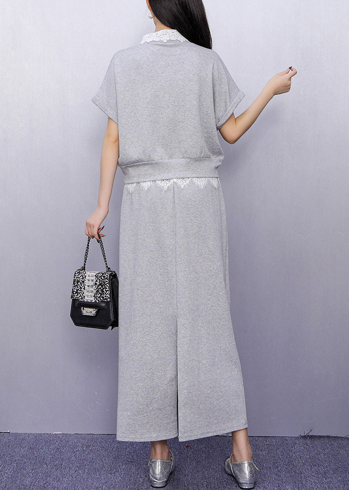 Fashion Grey Lace Patchwork Top And Maxi Skirts Two Piece Set Summer